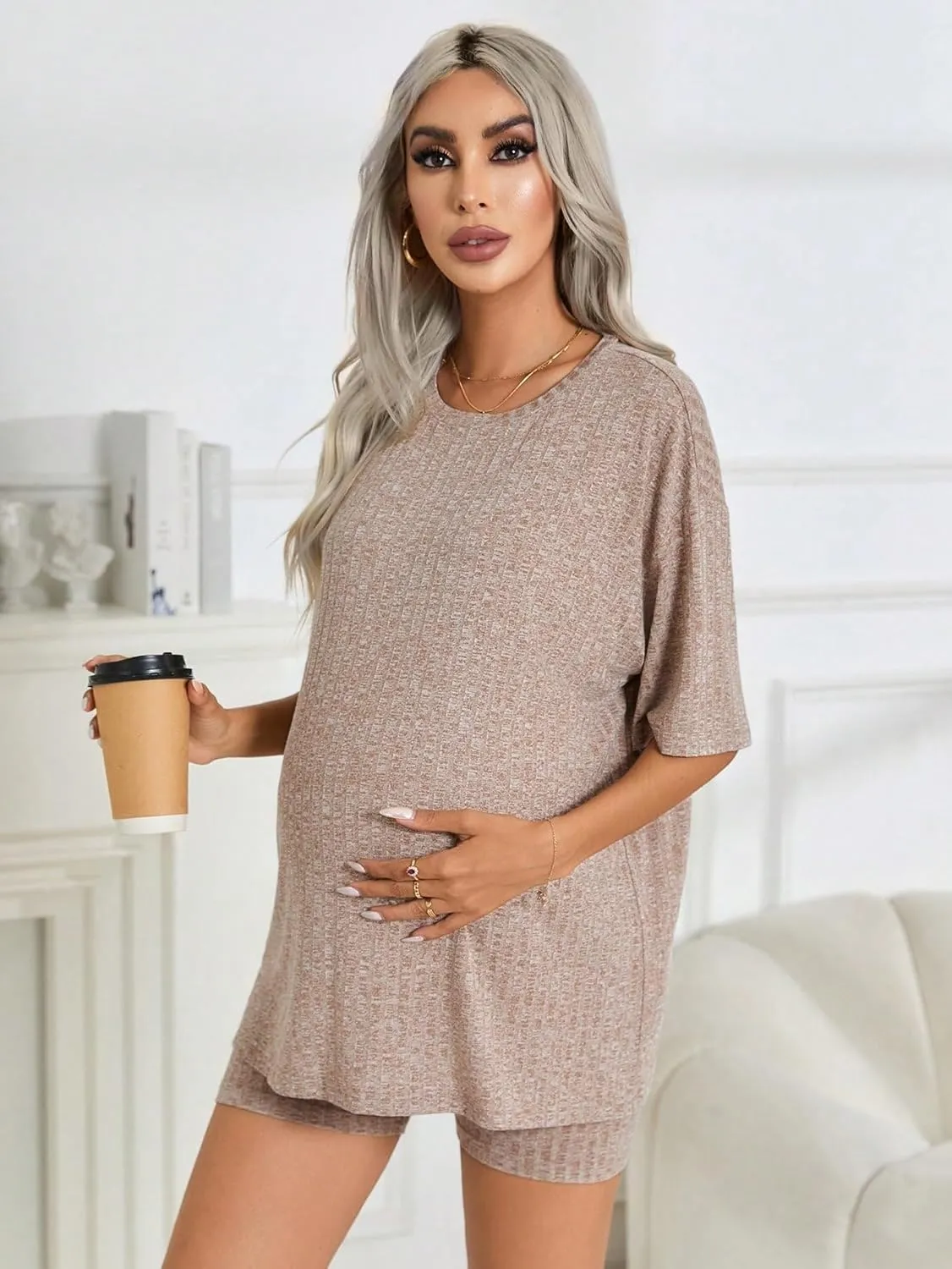 WDIRARA Women's 2 Piece Outfits Solid Short Sleeve Round Neck Top and Shorts Set Maternity