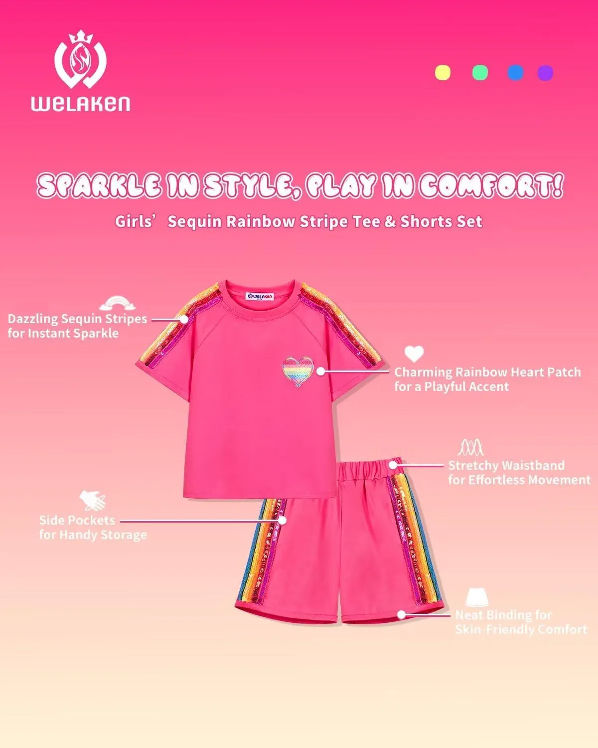 WELAKEN Girls 2 Piece Outfit Kid Toddler Heart & Rainbow Sequin Striped T-shirt and Shorts Clothing Set