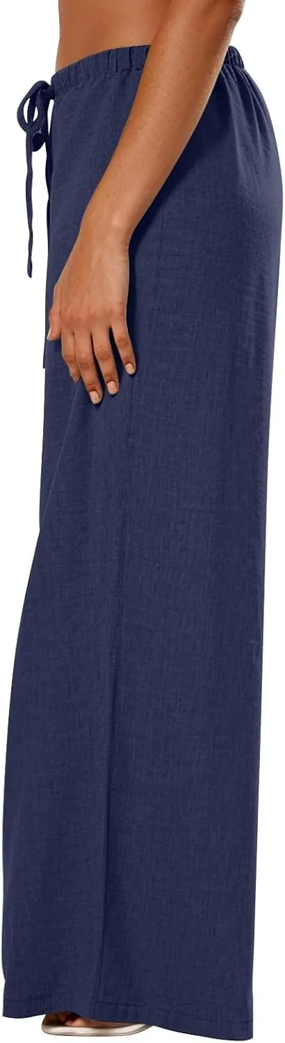 Wide Leg Pants for Women Baggy Lightweight Summer Casual Elastic Drawstring Waist Flowy Boho Beach Trousers
