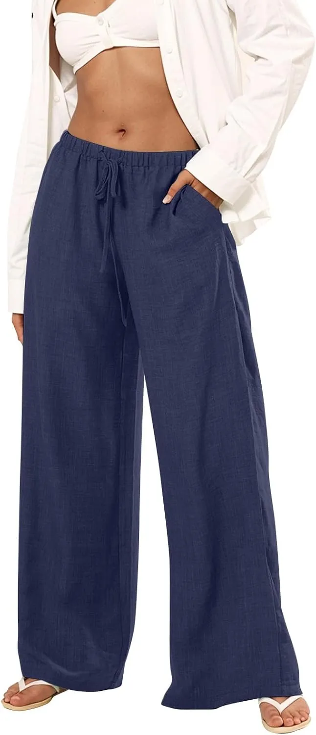Wide Leg Pants for Women Baggy Lightweight Summer Casual Elastic Drawstring Waist Flowy Boho Beach Trousers