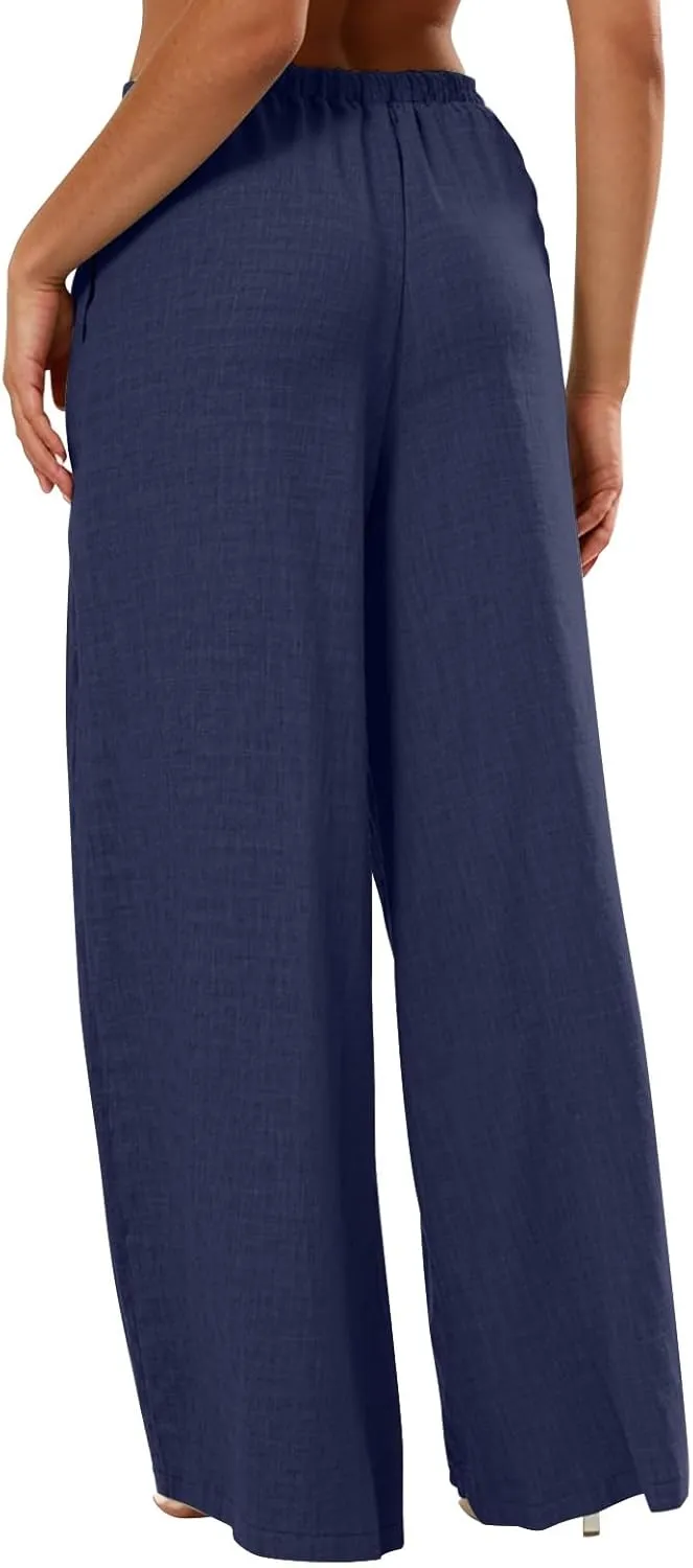 Wide Leg Pants for Women Baggy Lightweight Summer Casual Elastic Drawstring Waist Flowy Boho Beach Trousers