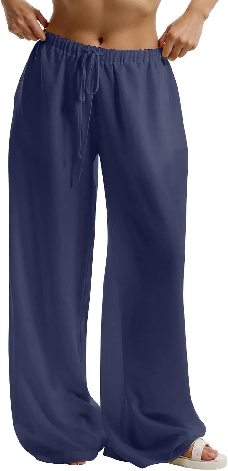 Wide Leg Pants for Women Baggy Lightweight Summer Casual Elastic Drawstring Waist Flowy Boho Beach Trousers