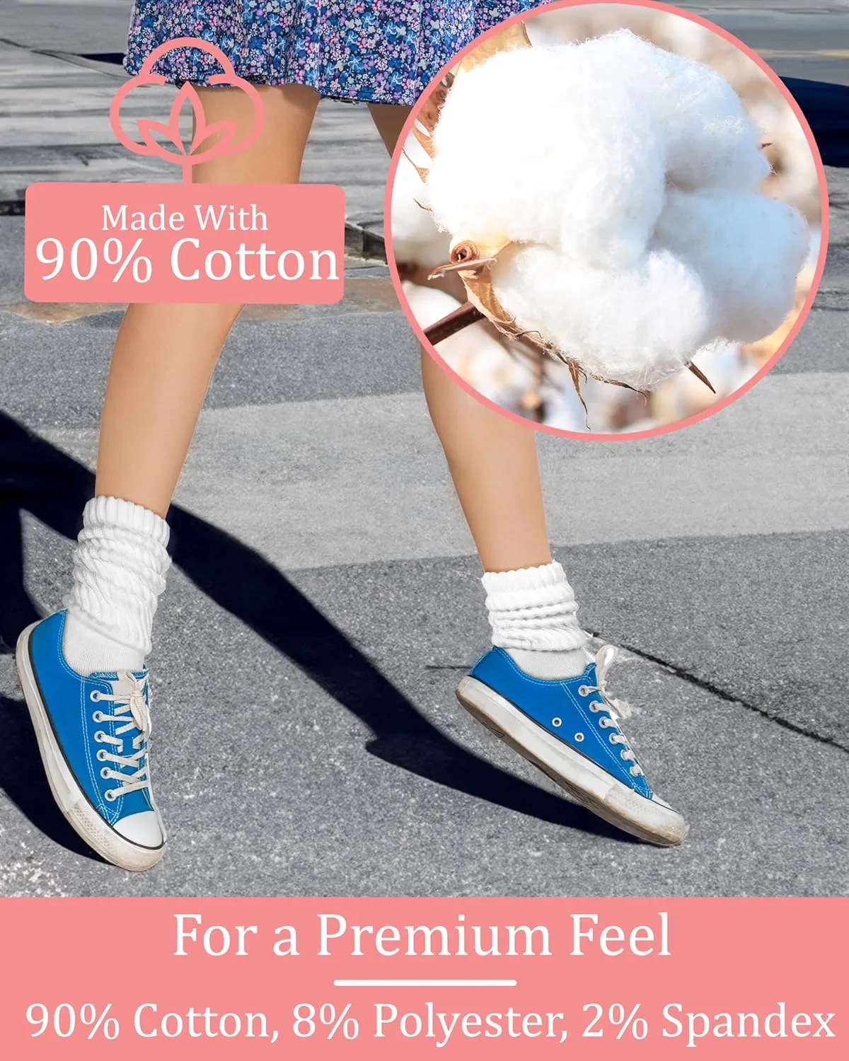 Winterlace 90% Cotton Crew Slouch Socks 2-Pairs Scrunchy Ribbed Soft Retro Womens Boot Calf Sock