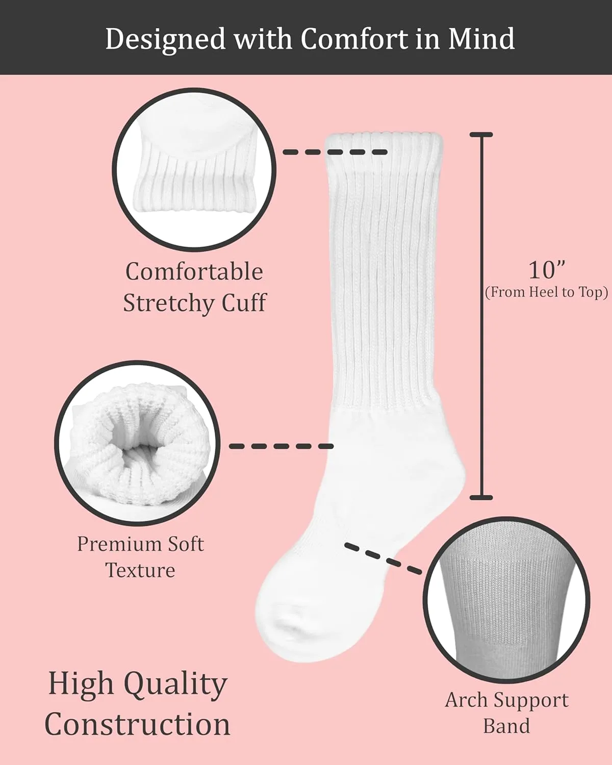 Winterlace 90% Cotton Crew Slouch Socks 2-Pairs Scrunchy Ribbed Soft Retro Womens Boot Calf Sock