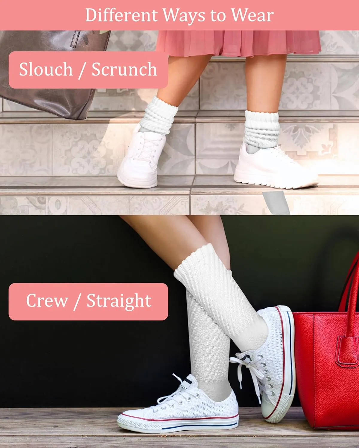 Winterlace 90% Cotton Crew Slouch Socks 2-Pairs Scrunchy Ribbed Soft Retro Womens Boot Calf Sock