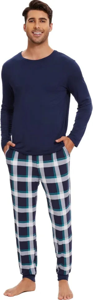 WiWi Crew Neck Men's Pajamas Set Viscose from Bamboo Lightweight Sleepwear Long Sleeve Sleep Shirt and Long Pants S-XXL