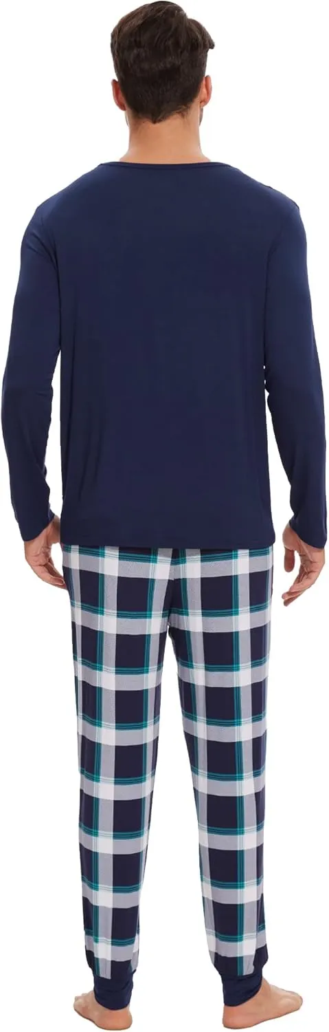 WiWi Crew Neck Men's Pajamas Set Viscose from Bamboo Lightweight Sleepwear Long Sleeve Sleep Shirt and Long Pants S-XXL