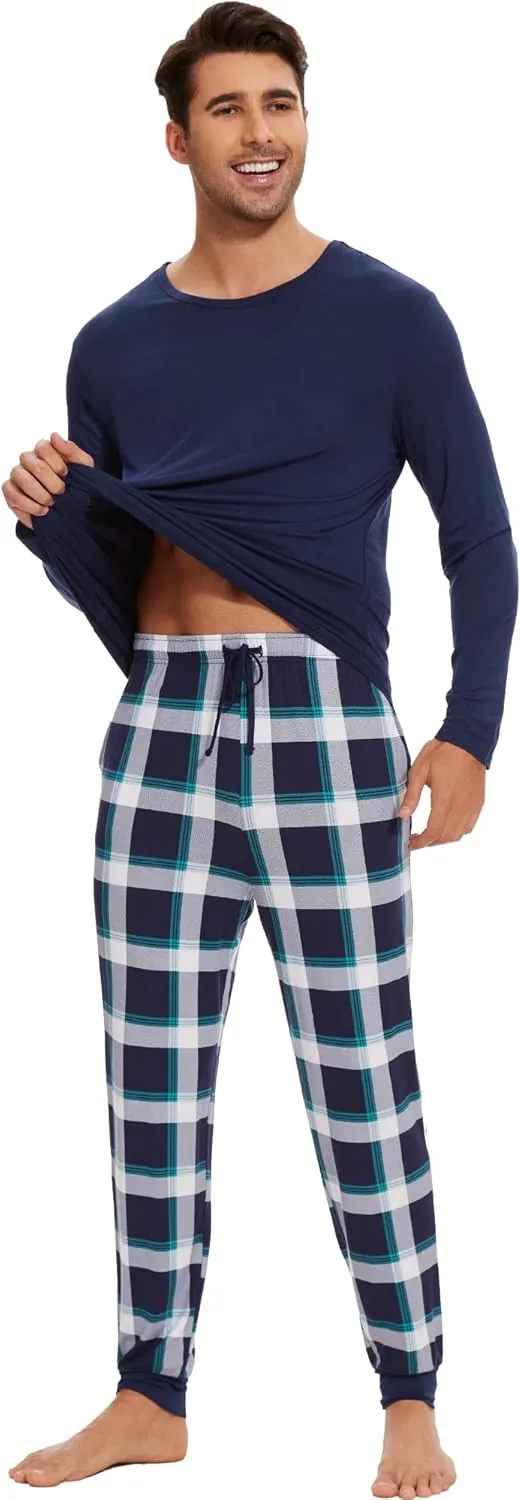 WiWi Crew Neck Men's Pajamas Set Viscose from Bamboo Lightweight Sleepwear Long Sleeve Sleep Shirt and Long Pants S-XXL