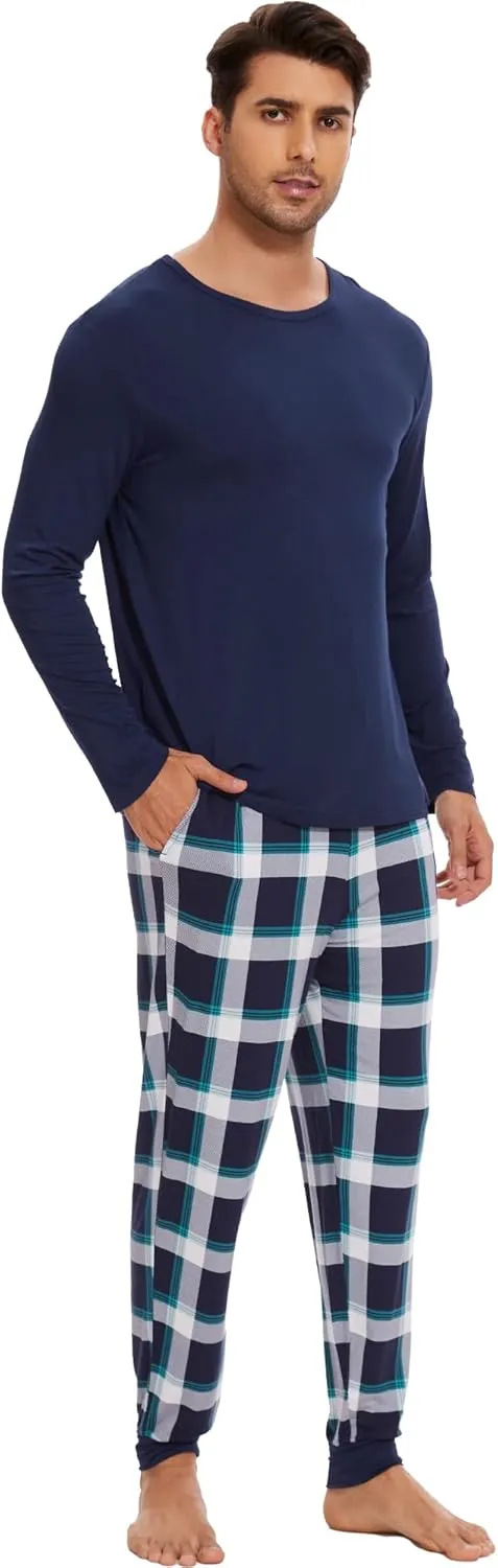 WiWi Crew Neck Men's Pajamas Set Viscose from Bamboo Lightweight Sleepwear Long Sleeve Sleep Shirt and Long Pants S-XXL