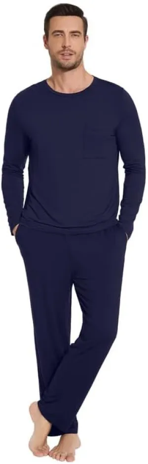 WiWi Men's Pajamas Set Lightweight Sleepwear Long-Sleeved Sleep Shirt and Long Pants Lounge Sets-Viscose from Bamboo S-XXL