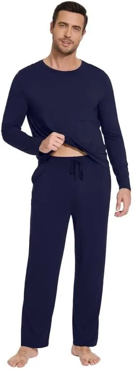 WiWi Men's Pajamas Set Lightweight Sleepwear Long-Sleeved Sleep Shirt and Long Pants Lounge Sets-Viscose from Bamboo S-XXL