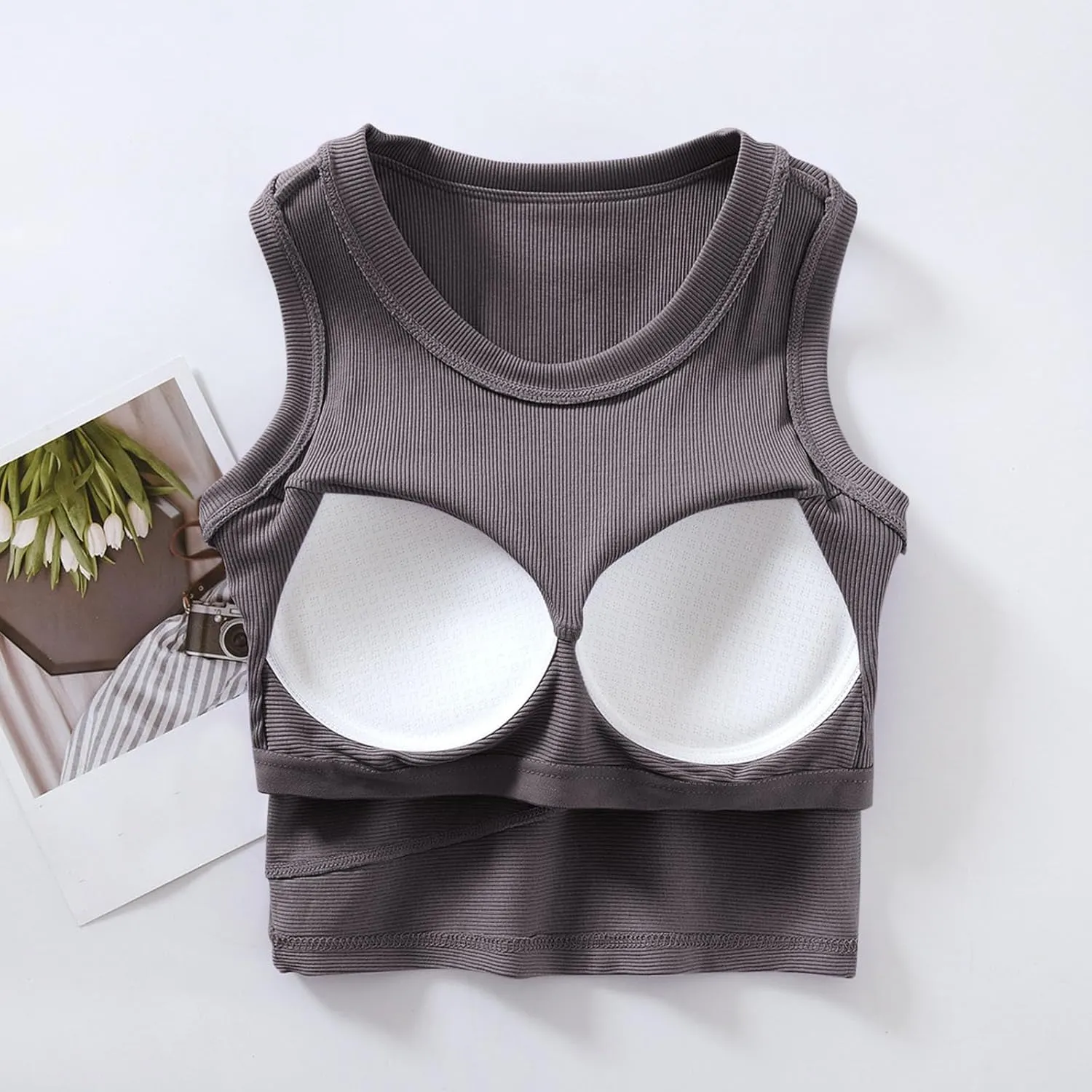 Wmens Crop Tank Tops with Built in Bra Sexy Basic Shelf Bras Yoga Shirts Slim High Neck Padded Camisoles Undershirt