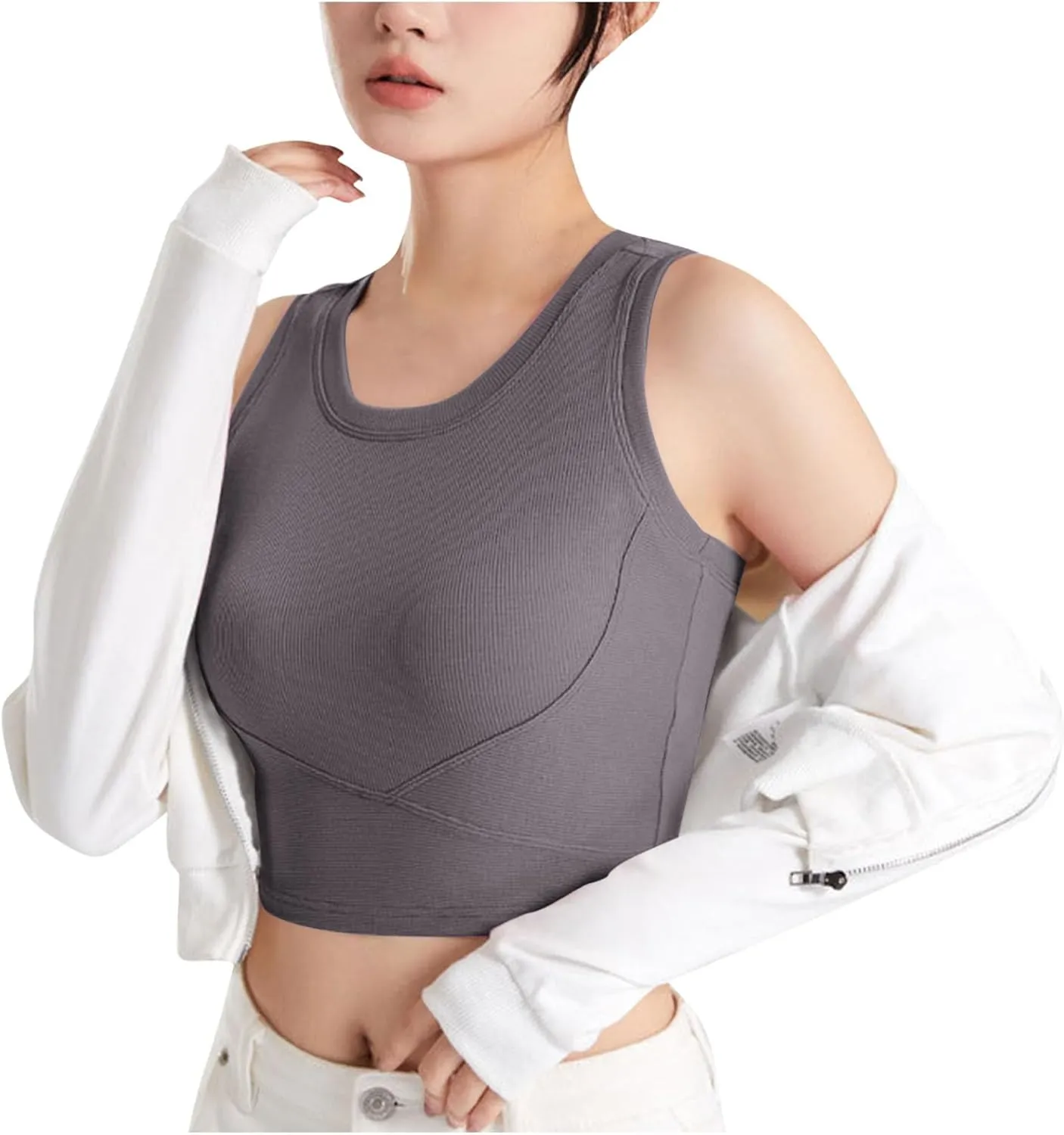 Wmens Crop Tank Tops with Built in Bra Sexy Basic Shelf Bras Yoga Shirts Slim High Neck Padded Camisoles Undershirt