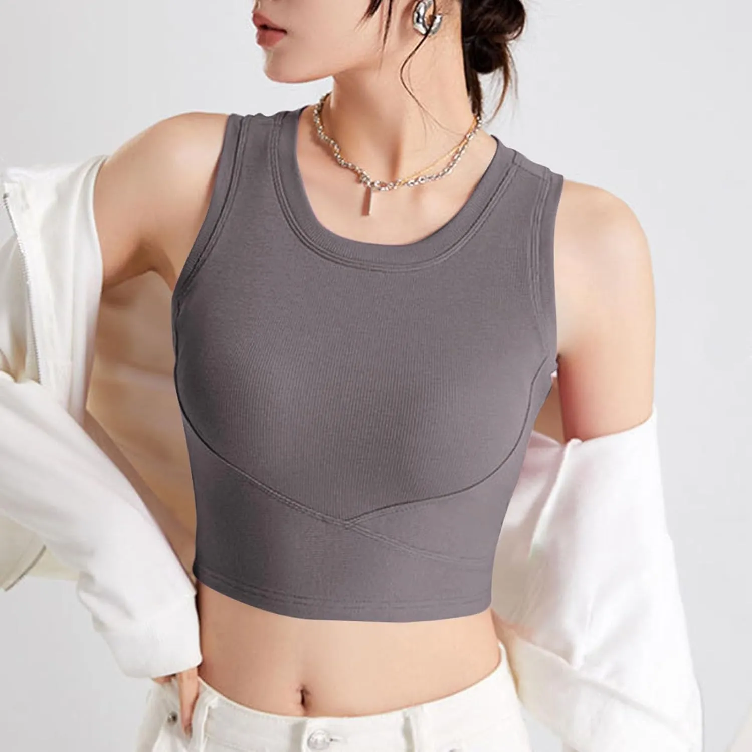 Wmens Crop Tank Tops with Built in Bra Sexy Basic Shelf Bras Yoga Shirts Slim High Neck Padded Camisoles Undershirt