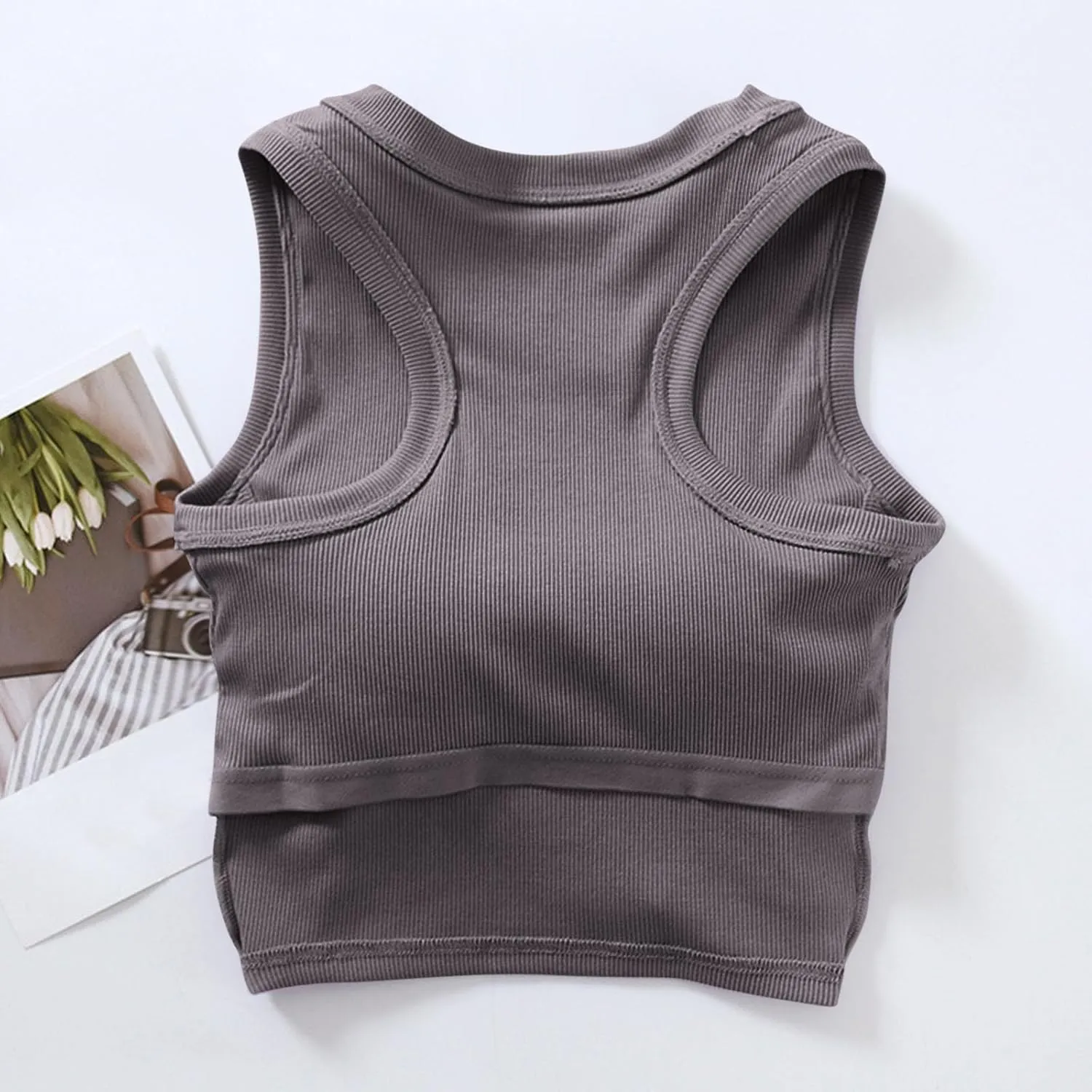 Wmens Crop Tank Tops with Built in Bra Sexy Basic Shelf Bras Yoga Shirts Slim High Neck Padded Camisoles Undershirt