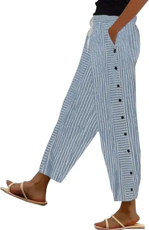 Women High Waist Capris Striped Pants Cotton Linen Casual Straight Leg Trousers Loose Lounge Side Buttons Cropped Pant Light Blue