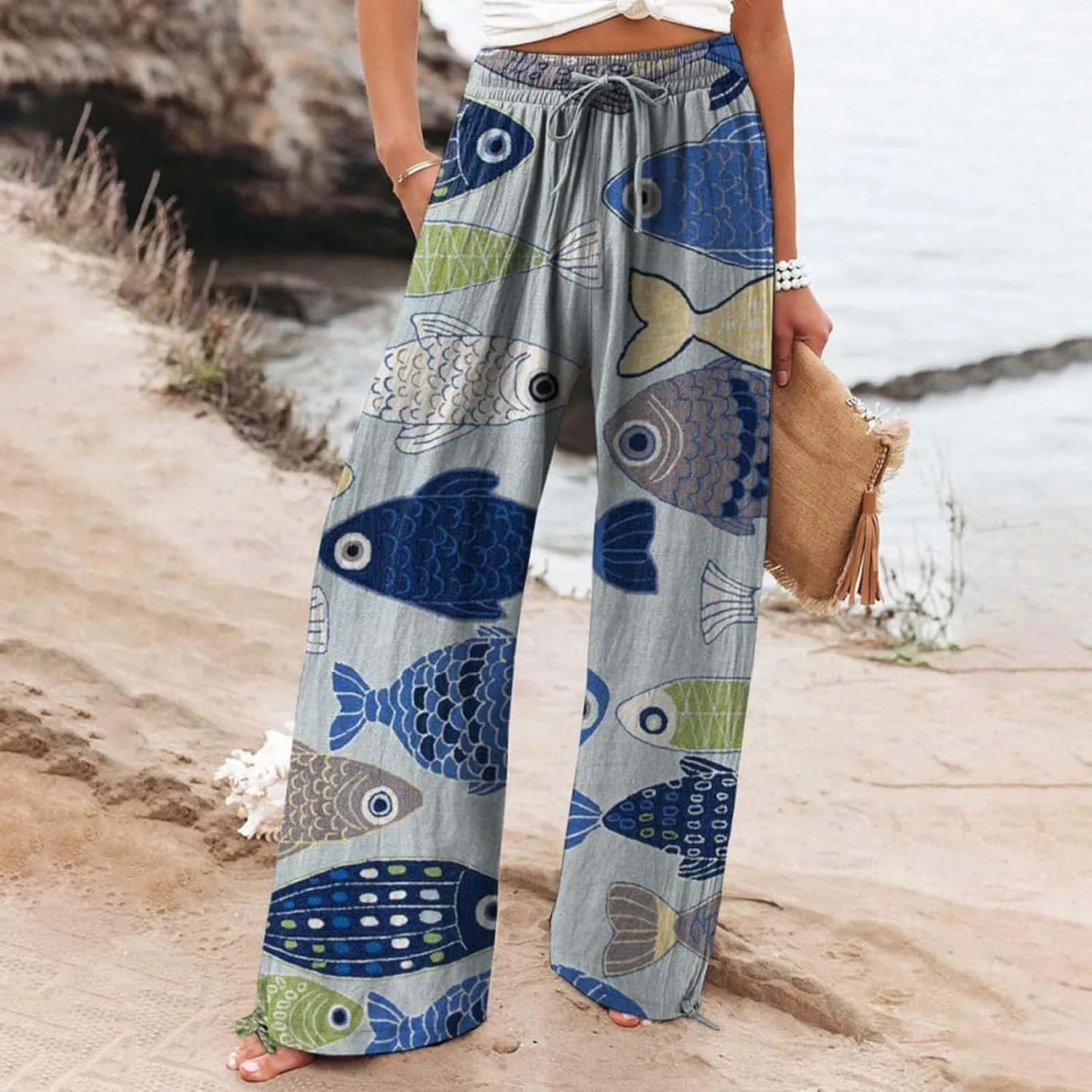 Women High Waisted Wide Leg Fish Art Printed Pants Summer Beach Trousers Casual Long Loungewear Pants with Pockets