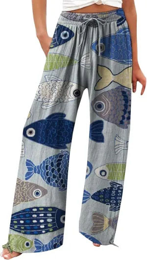 Women High Waisted Wide Leg Fish Art Printed Pants Summer Beach Trousers Casual Long Loungewear Pants with Pockets