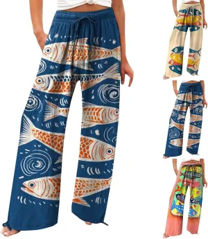 Women High Waisted Wide Leg Fish Art Printed Pants Summer Beach Trousers Casual Long Loungewear Pants with Pockets