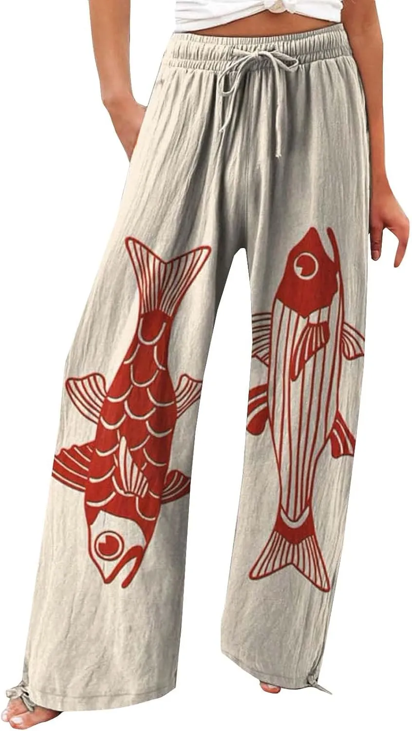 Women High Waisted Wide Leg Fish Art Printed Pants Summer Beach Trousers Casual Long Loungewear Pants with Pockets