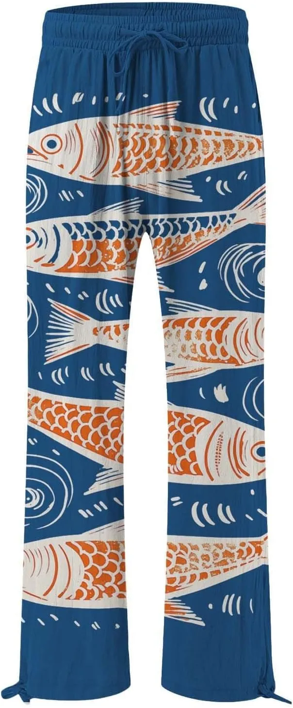 Women High Waisted Wide Leg Fish Art Printed Pants Summer Beach Trousers Casual Long Loungewear Pants with Pockets