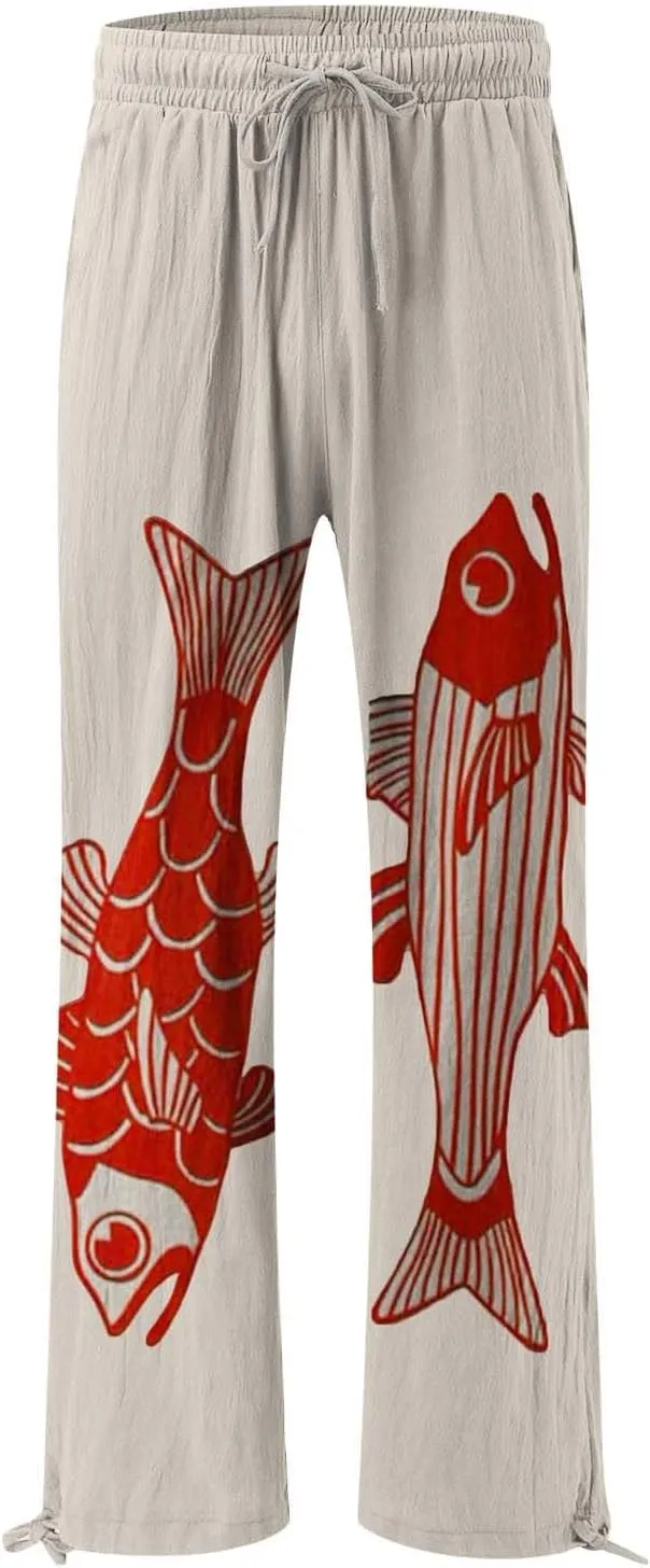 Women High Waisted Wide Leg Fish Art Printed Pants Summer Beach Trousers Casual Long Loungewear Pants with Pockets
