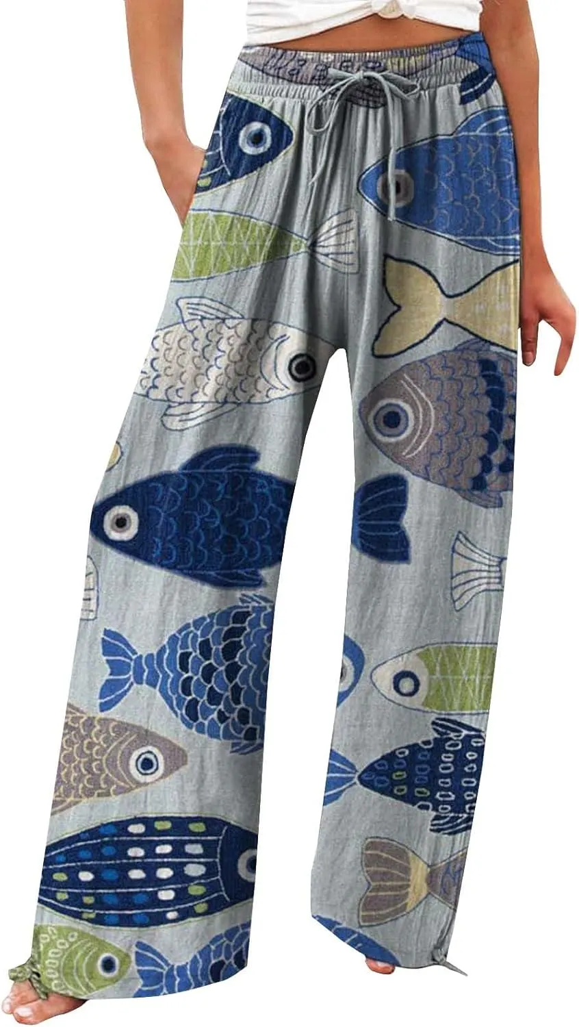 Women High Waisted Wide Leg Fish Art Printed Pants Summer Beach Trousers Casual Long Loungewear Pants with Pockets