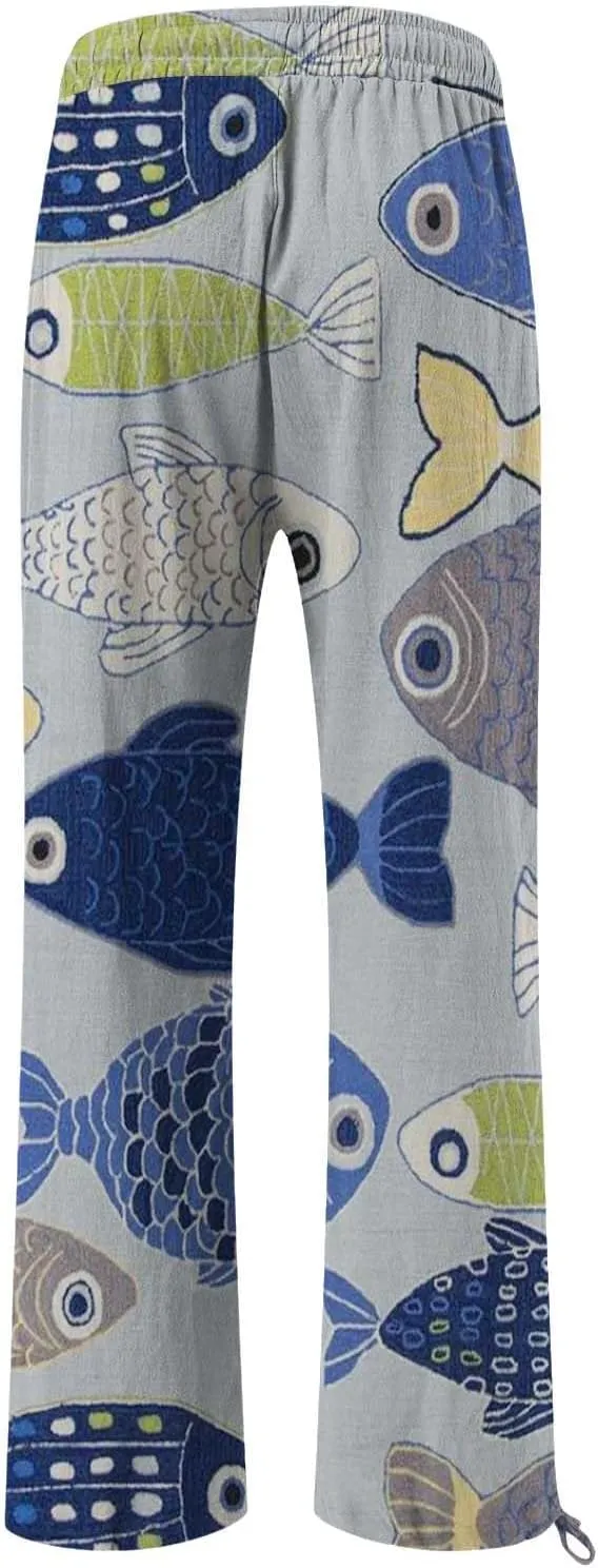 Women High Waisted Wide Leg Fish Art Printed Pants Summer Beach Trousers Casual Long Loungewear Pants with Pockets