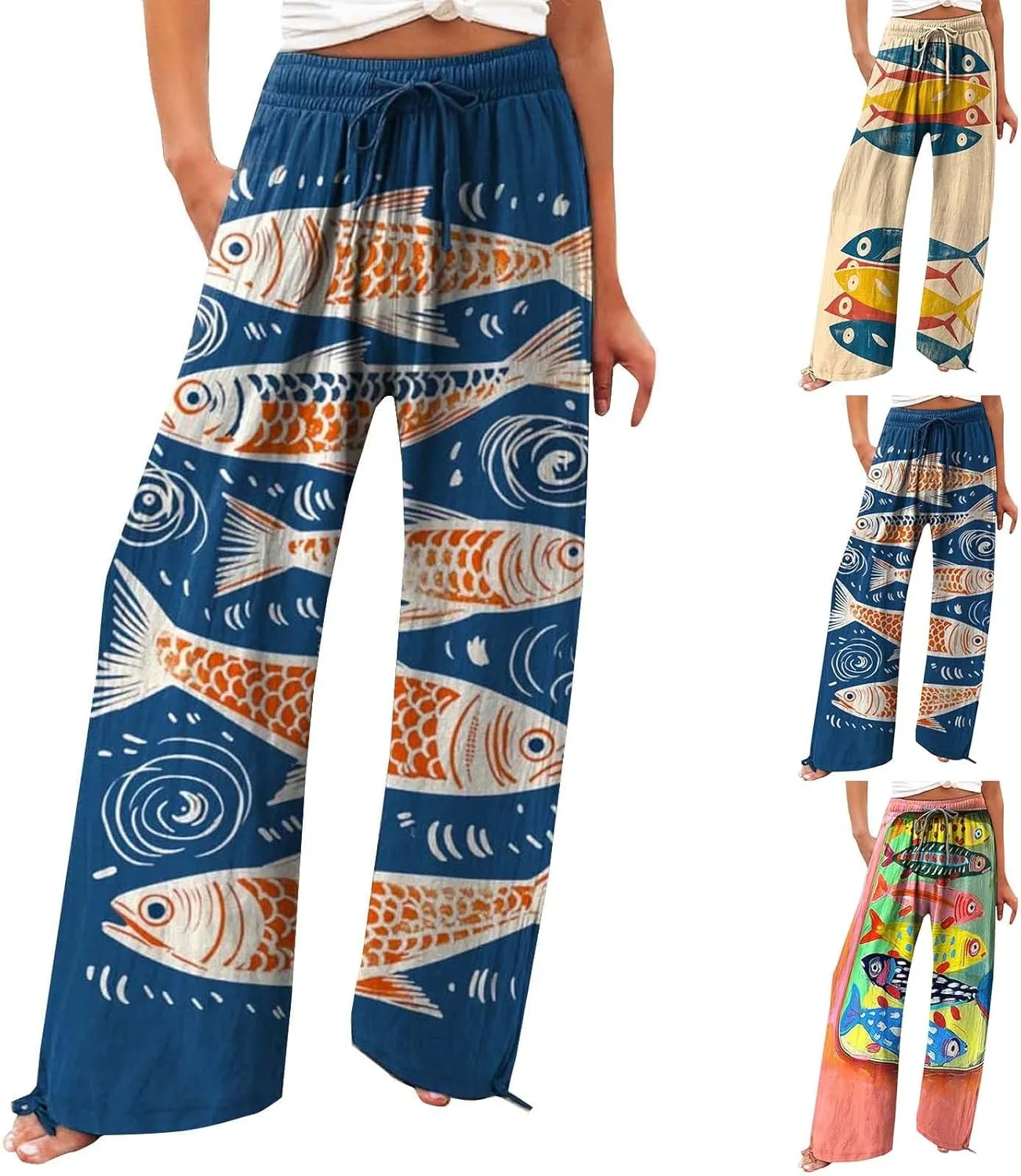Women High Waisted Wide Leg Fish Art Printed Pants Summer Beach Trousers Casual Long Loungewear Pants with Pockets