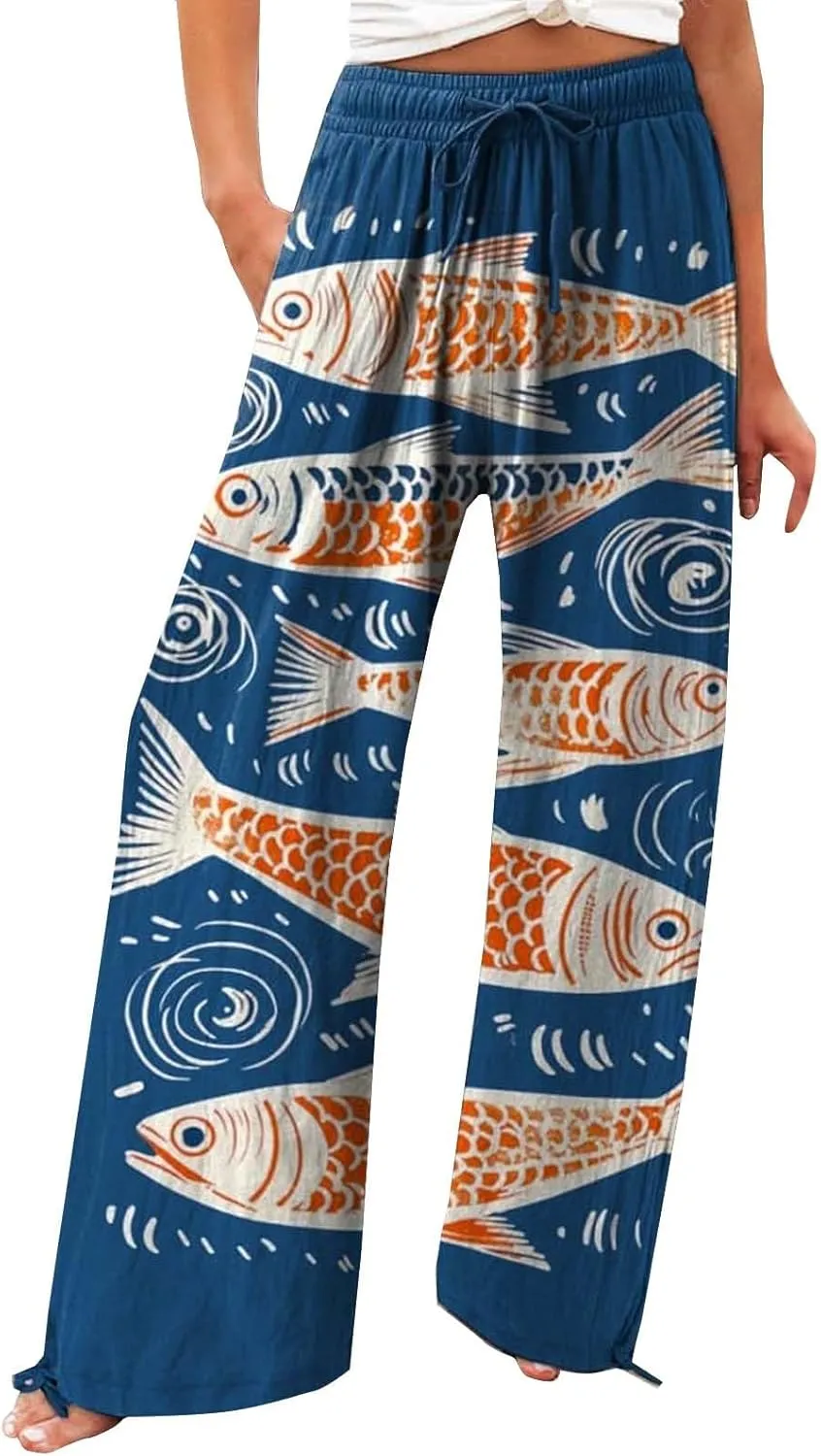 Women High Waisted Wide Leg Fish Art Printed Pants Summer Beach Trousers Casual Long Loungewear Pants with Pockets