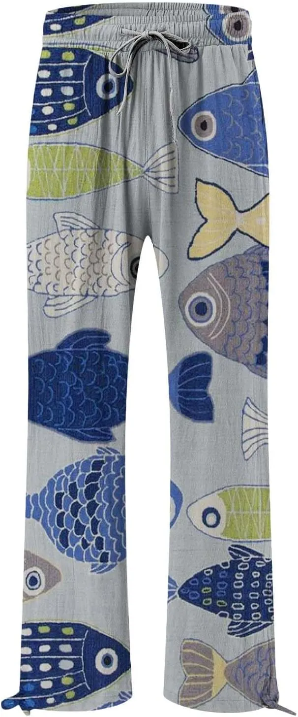 Women High Waisted Wide Leg Fish Art Printed Pants Summer Beach Trousers Casual Long Loungewear Pants with Pockets