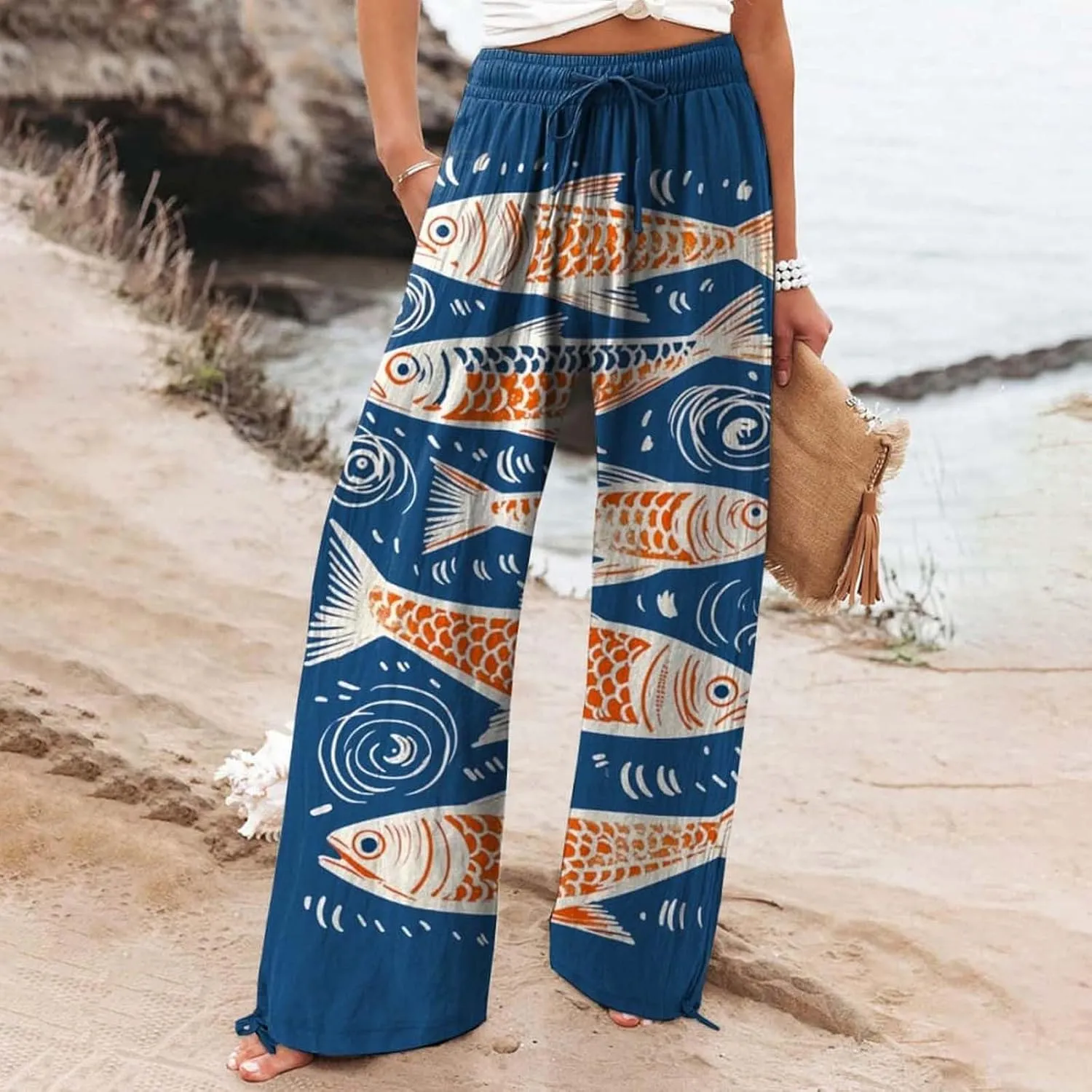 Women High Waisted Wide Leg Fish Art Printed Pants Summer Beach Trousers Casual Long Loungewear Pants with Pockets
