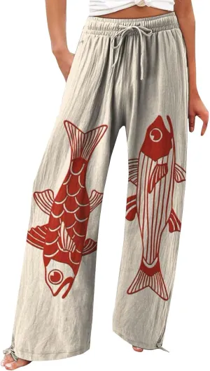 Women High Waisted Wide Leg Fish Art Printed Pants Summer Beach Trousers Casual Long Loungewear Pants with Pockets