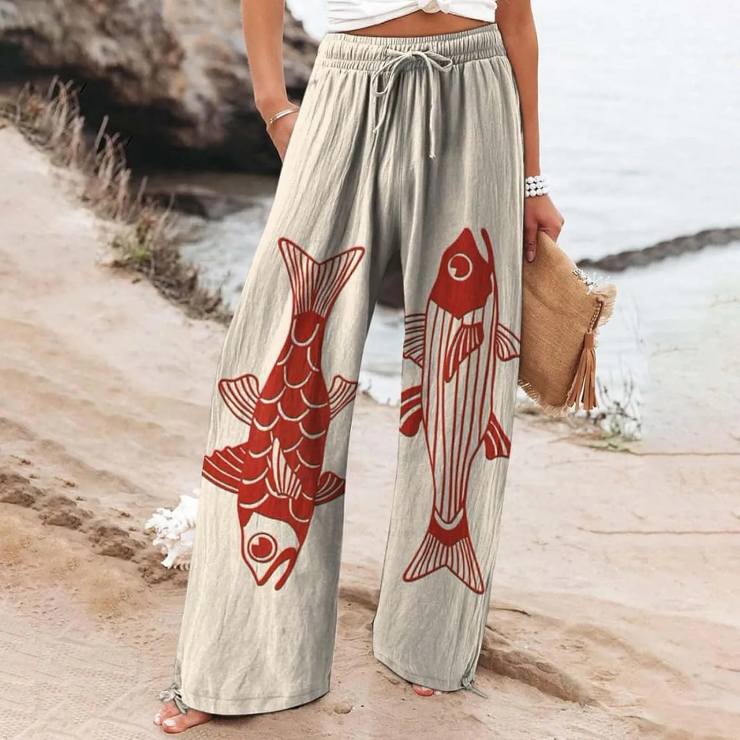 Women High Waisted Wide Leg Fish Art Printed Pants Summer Beach Trousers Casual Long Loungewear Pants with Pockets