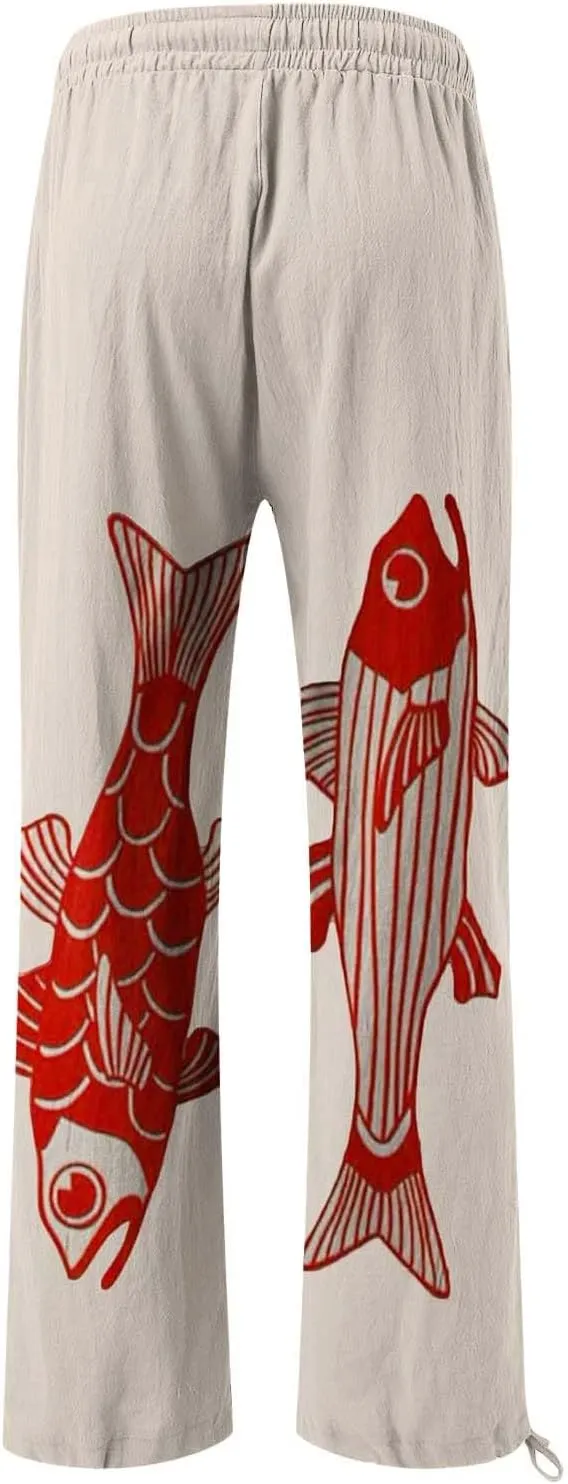 Women High Waisted Wide Leg Fish Art Printed Pants Summer Beach Trousers Casual Long Loungewear Pants with Pockets