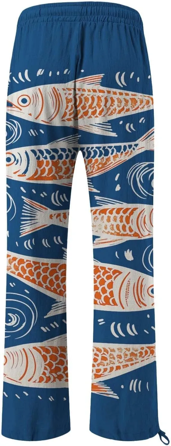 Women High Waisted Wide Leg Fish Art Printed Pants Summer Beach Trousers Casual Long Loungewear Pants with Pockets