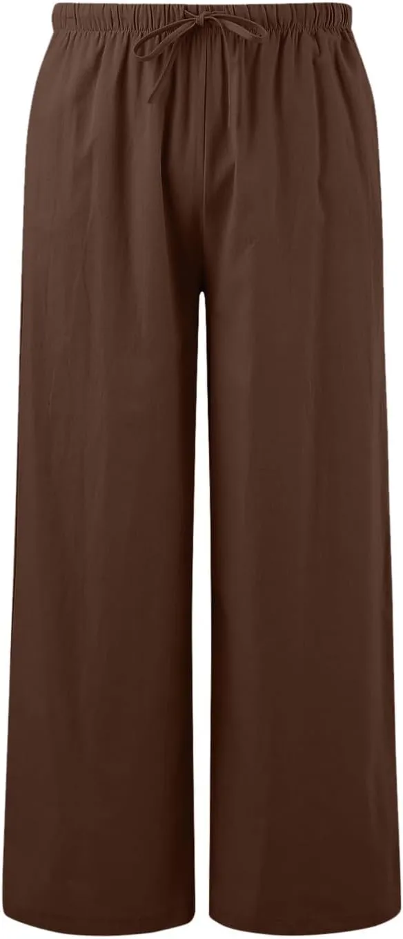Women High Waisted Wide Leg Pants Drawstring Elastic Trousers Comfy Straight Leg Long Pants with Pockets