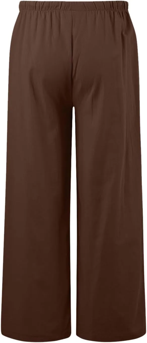 Women High Waisted Wide Leg Pants Drawstring Elastic Trousers Comfy Straight Leg Long Pants with Pockets
