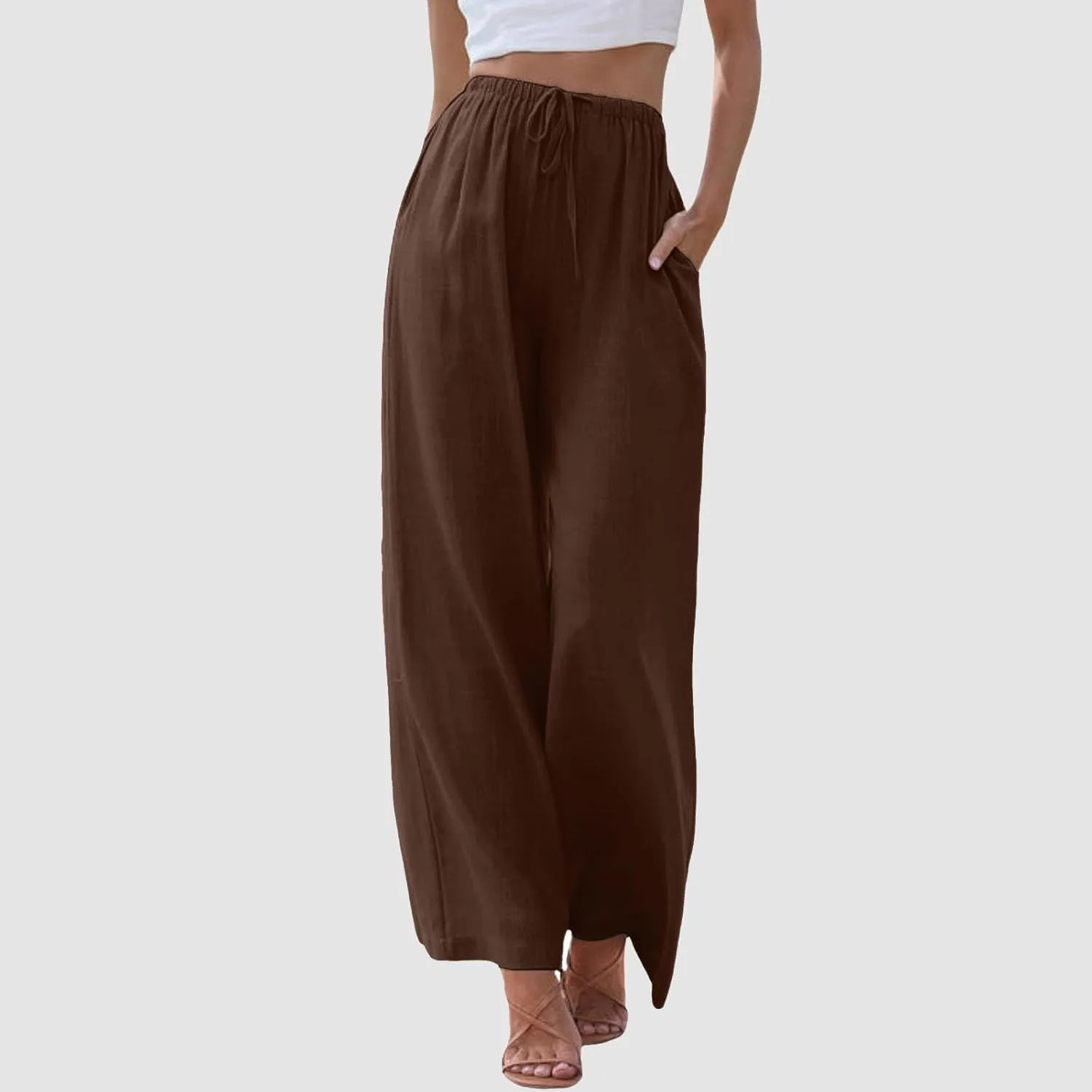 Women High Waisted Wide Leg Pants Drawstring Elastic Trousers Comfy Straight Leg Long Pants with Pockets
