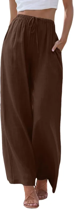 Women High Waisted Wide Leg Pants Drawstring Elastic Trousers Comfy Straight Leg Long Pants with Pockets
