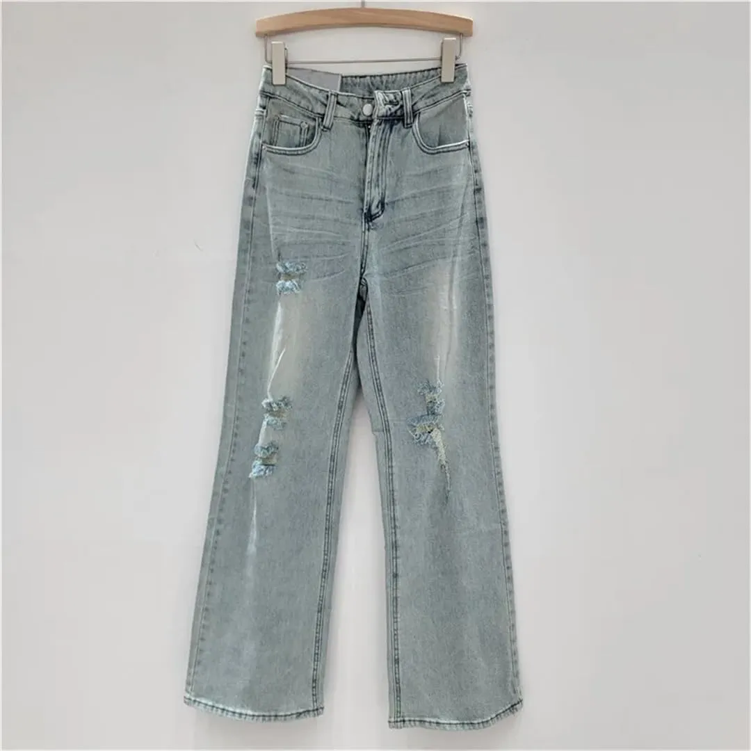 Women Jeans Broken Holes High Waist Straight Wide Leg Female Causal Light Blue Denim Pants