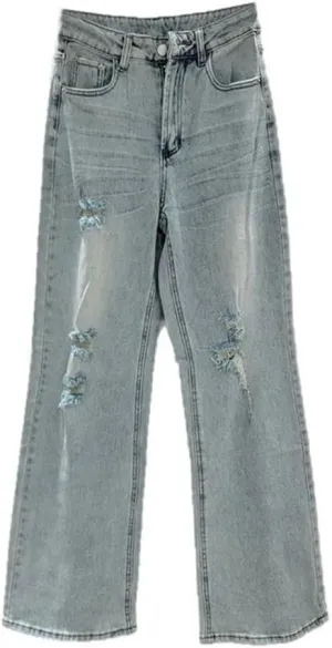 Women Jeans Broken Holes High Waist Straight Wide Leg Female Causal Light Blue Denim Pants
