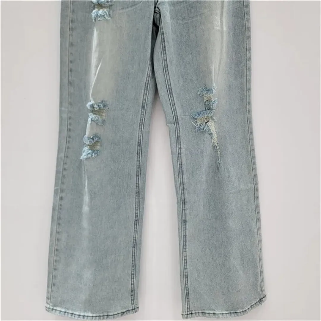 Women Jeans Broken Holes High Waist Straight Wide Leg Female Causal Light Blue Denim Pants