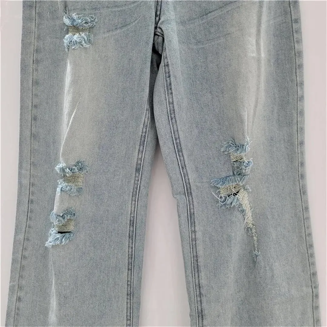 Women Jeans Broken Holes High Waist Straight Wide Leg Female Causal Light Blue Denim Pants