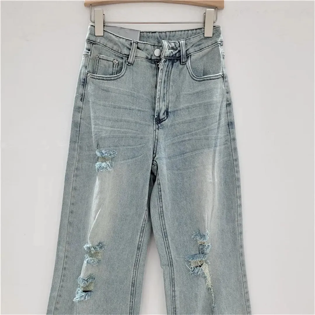 Women Jeans Broken Holes High Waist Straight Wide Leg Female Causal Light Blue Denim Pants