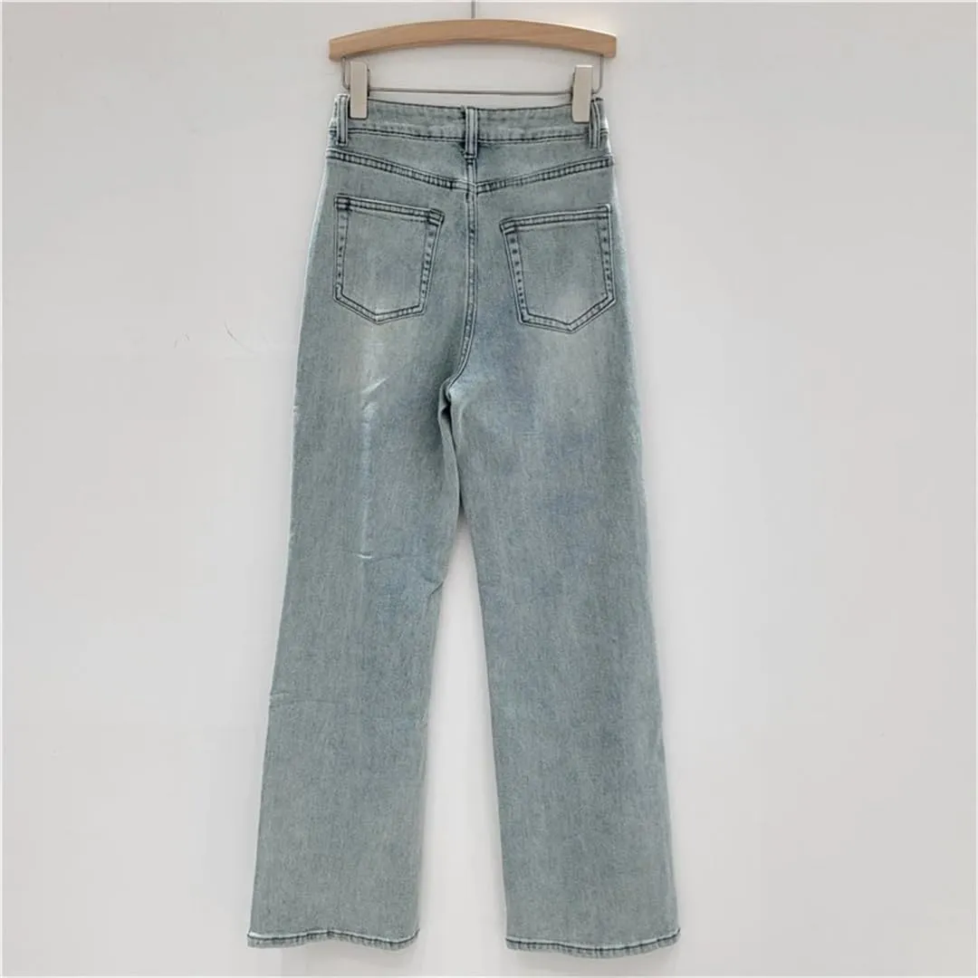 Women Jeans Broken Holes High Waist Straight Wide Leg Female Causal Light Blue Denim Pants