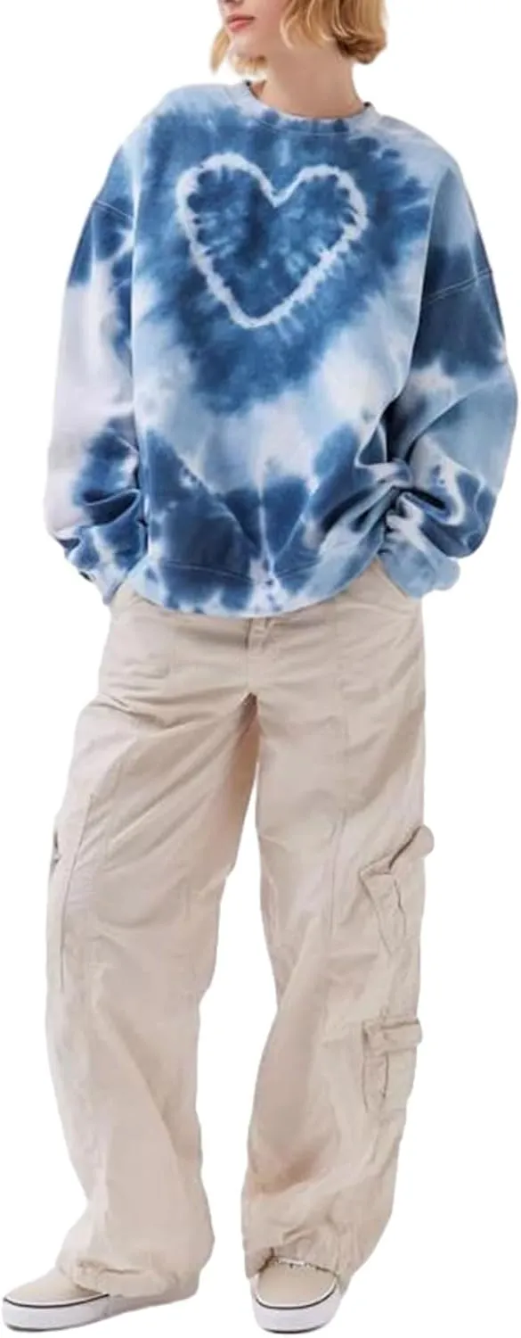 Women Long Sleeve Sweatshirts Oversized Crewneck Tie Dye Print Loose Fit Pullover Hoodies Fall Tops Fashion Outfits (Light Blue, L)