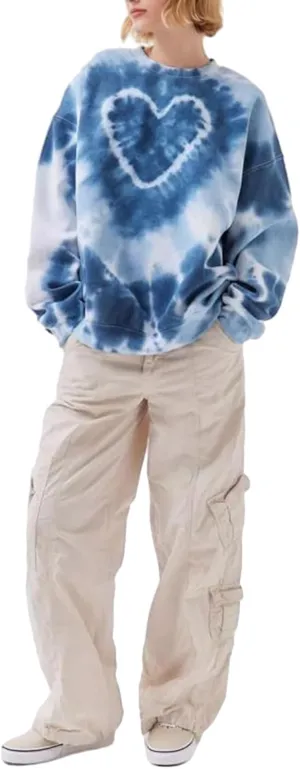 Women Long Sleeve Sweatshirts Oversized Crewneck Tie Dye Print Loose Fit Pullover Hoodies Fall Tops Fashion Outfits (Light Blue, L)