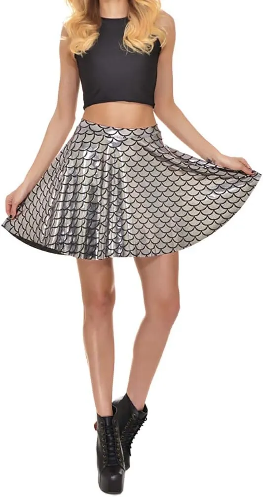 Women Mermaid Fish Scale Pleated Flared Mini Skirts