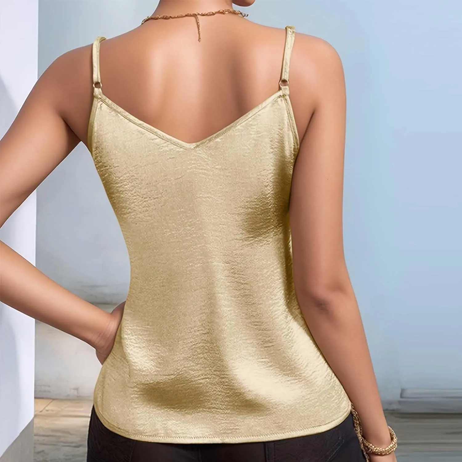 Women Metallic Shiny Cami Tops Summer Retro Causal Camisole Adjustable Spaghetti Strap Sleeveless Y2K Crop Tank Top